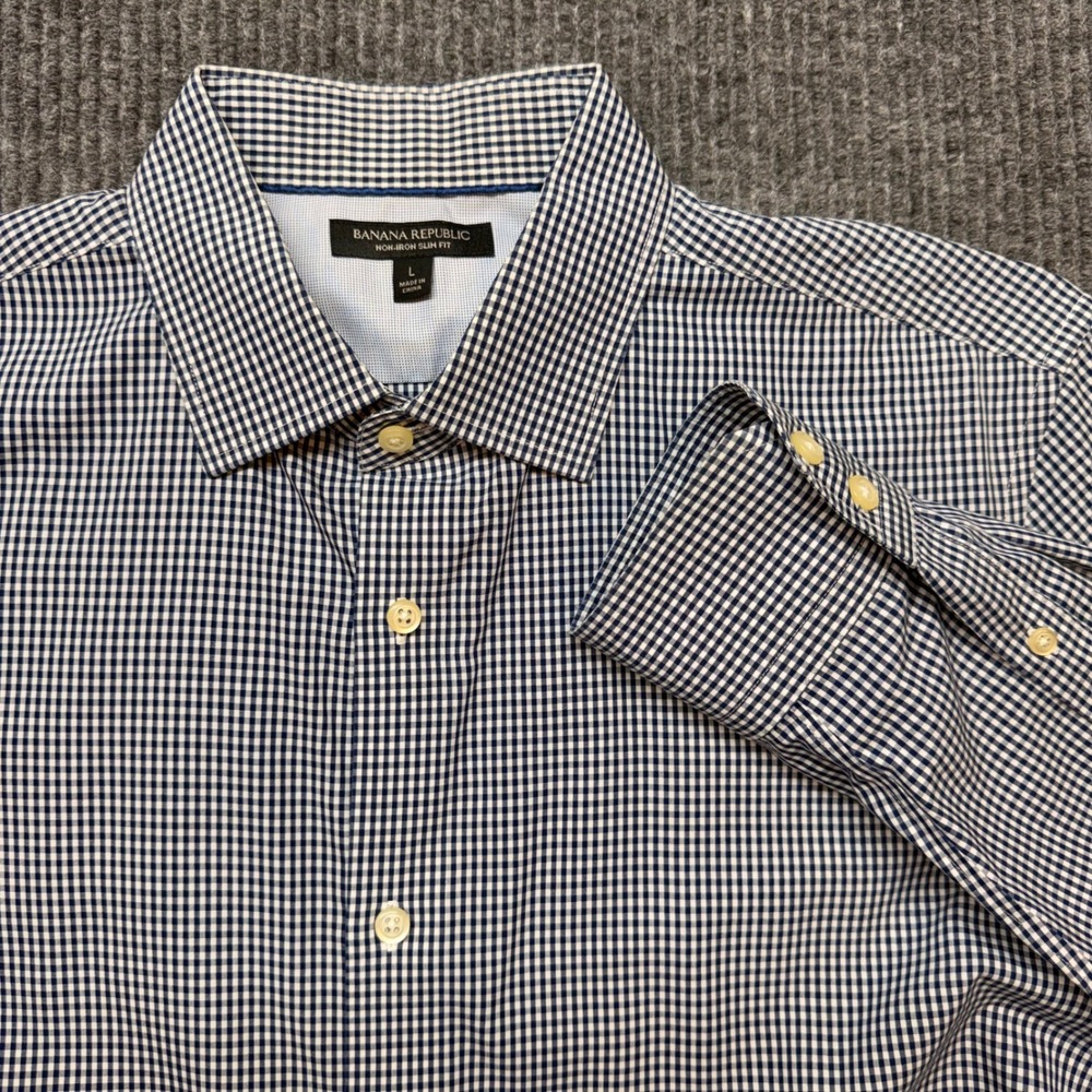 Banana Republic Non-Iron Slim Fit Shirt Mens L Blue White Gingham Button Down